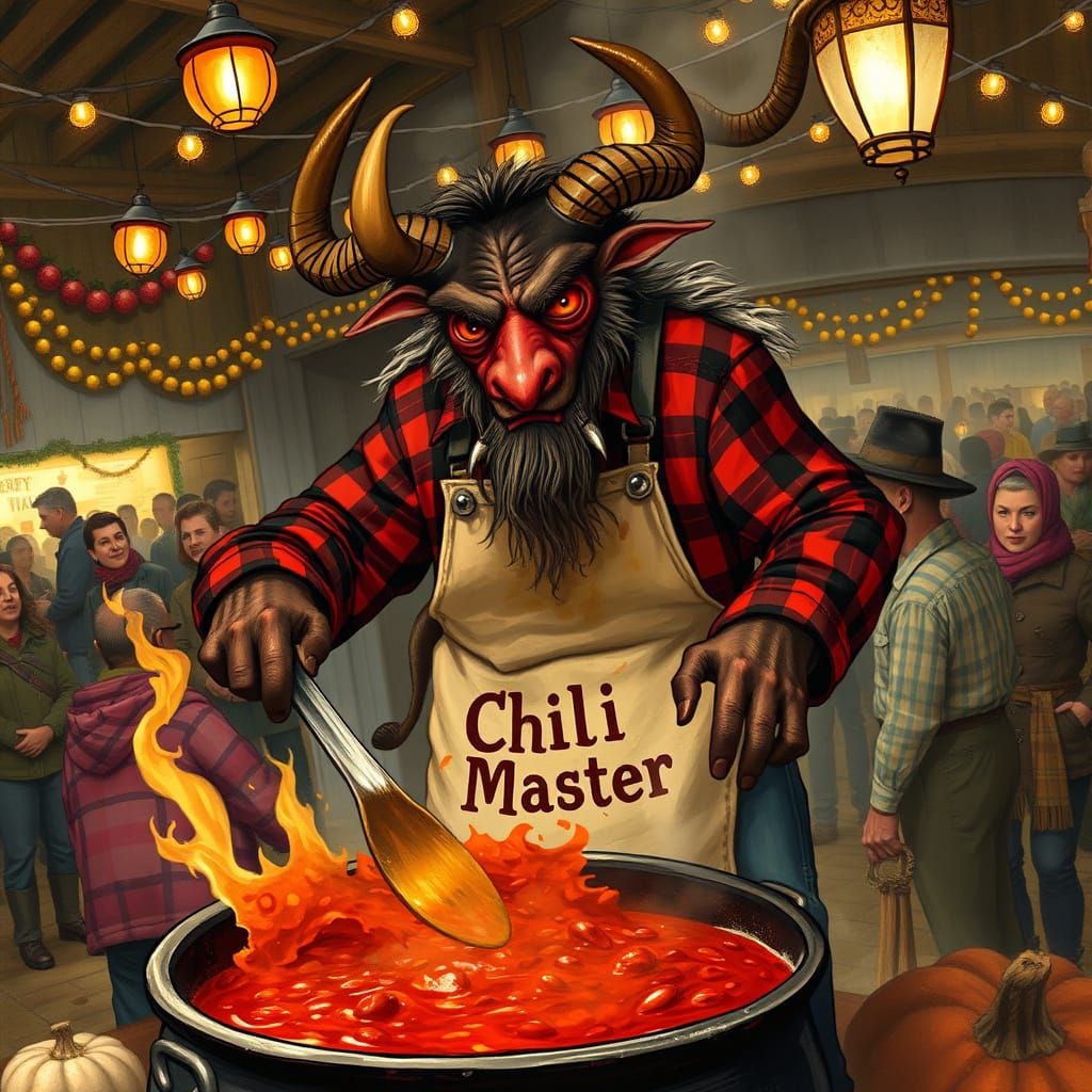Krampus the Chili Master in Folk Art Style