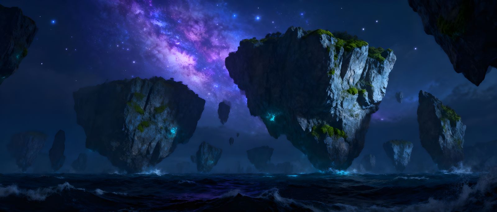 Massive Floating Islands Above Rough Sea at Night