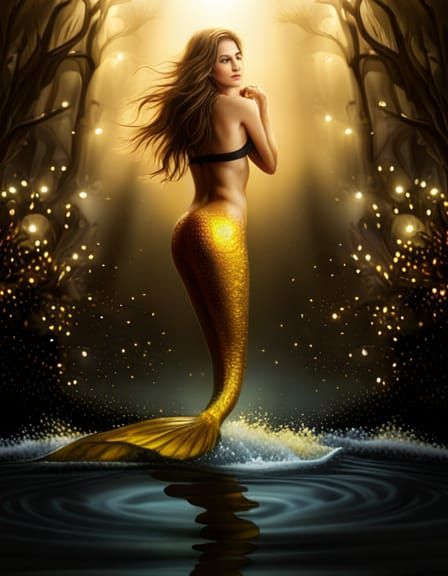 Hyperrealistic Mermaid in Lake with Fireflies