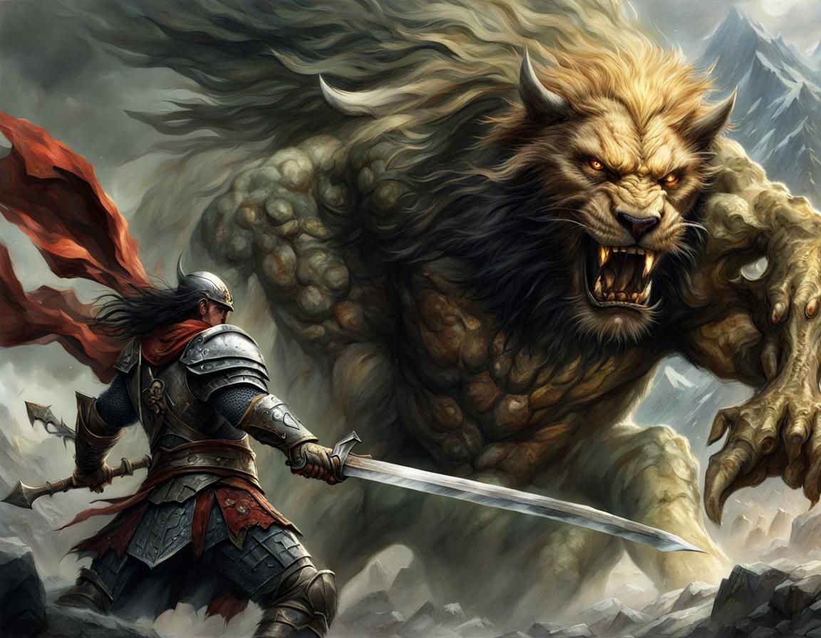 Epic Warrior Battles a Beast in a Fantasy Landscape