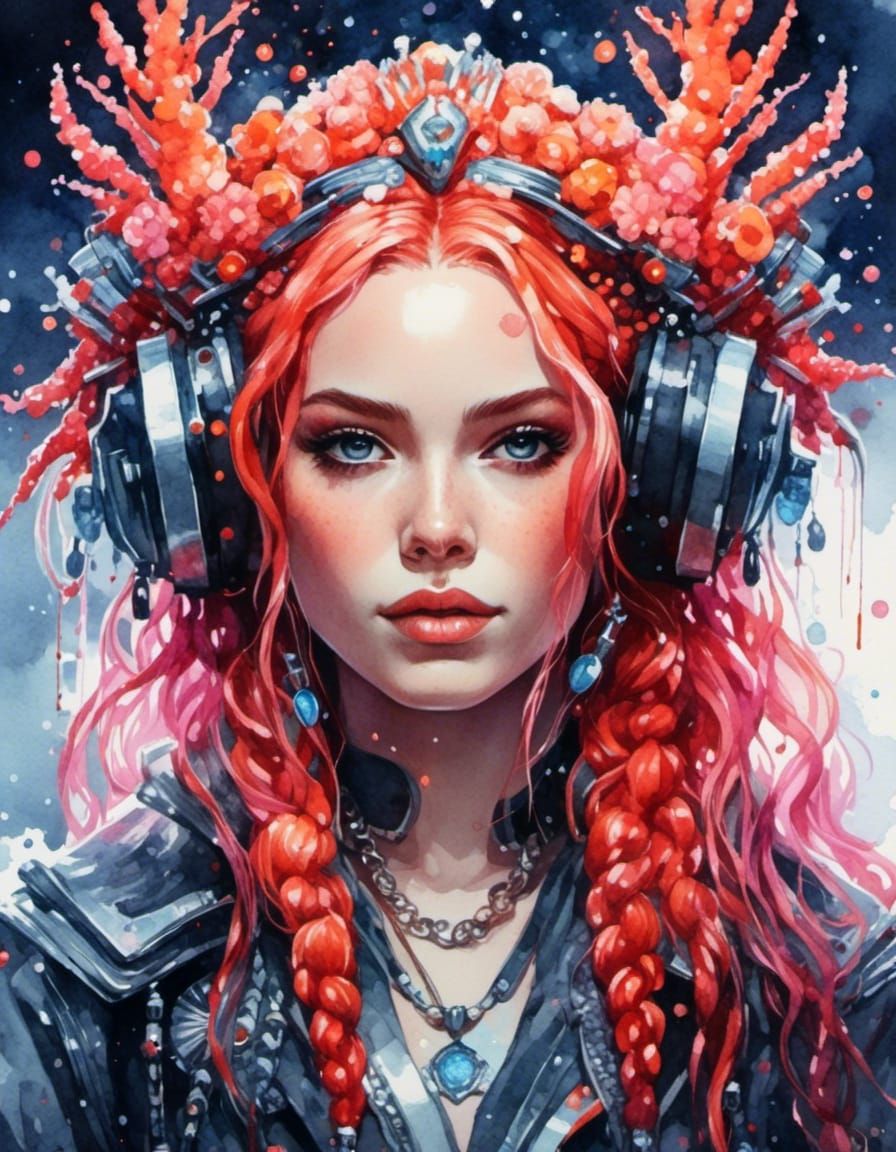 Android Goddess with Coral Hair: Watercolor Portrait