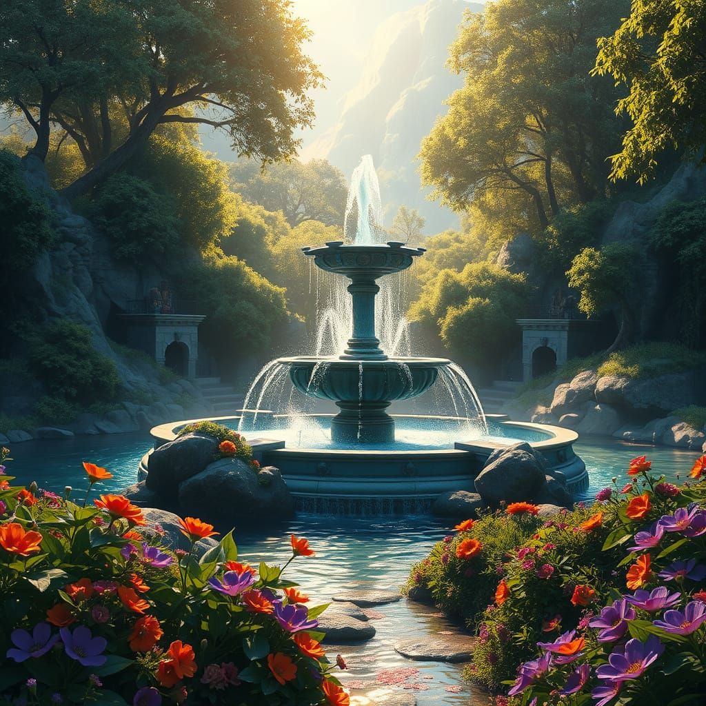Fantasy Landscape with Majestic Fountain in Golden Light