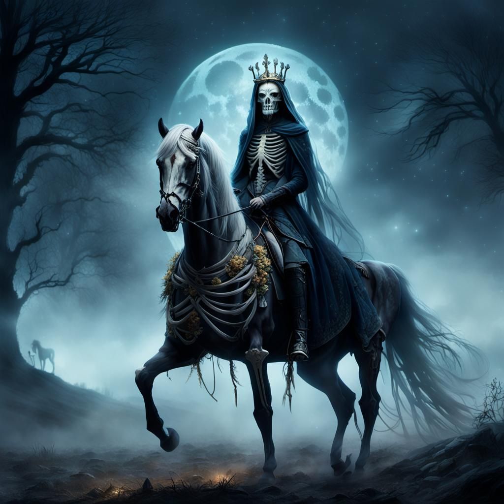 Ethereal Undead Queen Rides in Misty Landscape