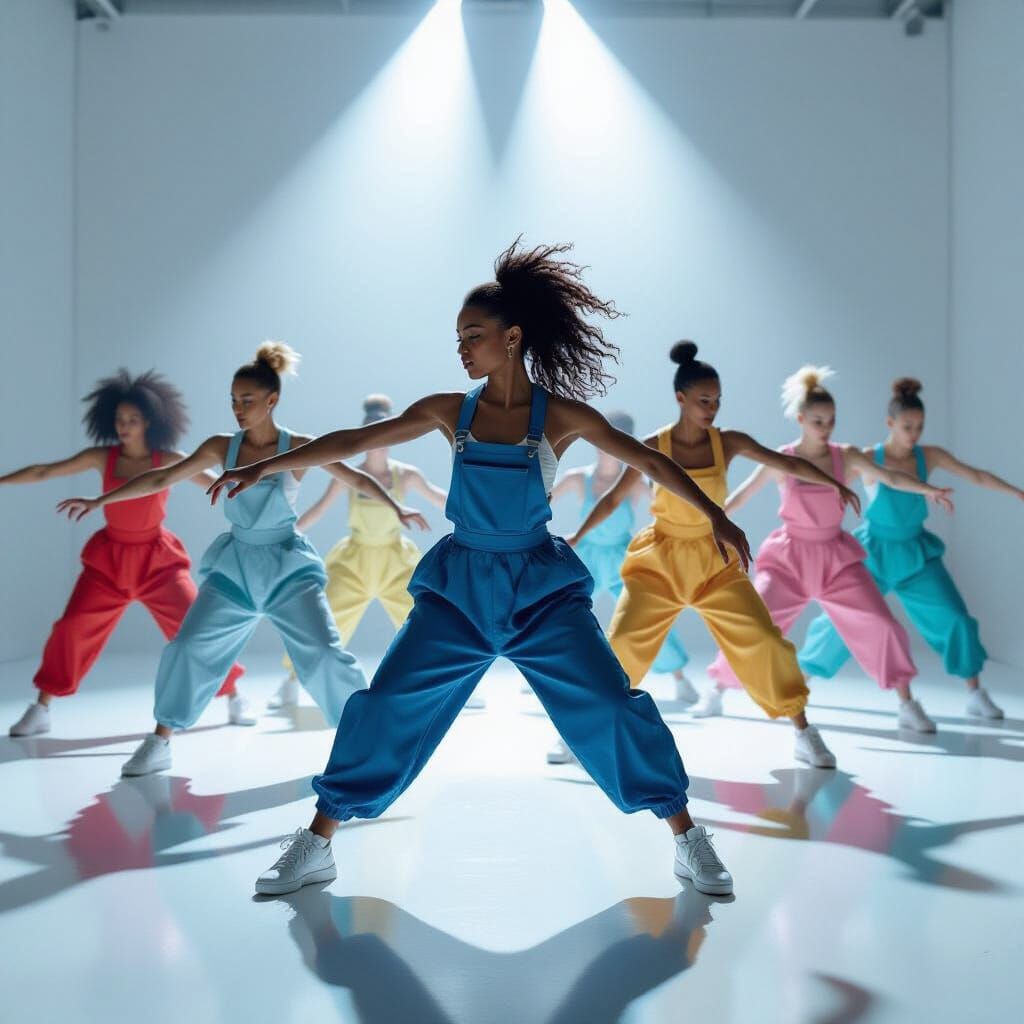 Dancers in Avant-Garde Overalls, High-Fashion Magazine Style