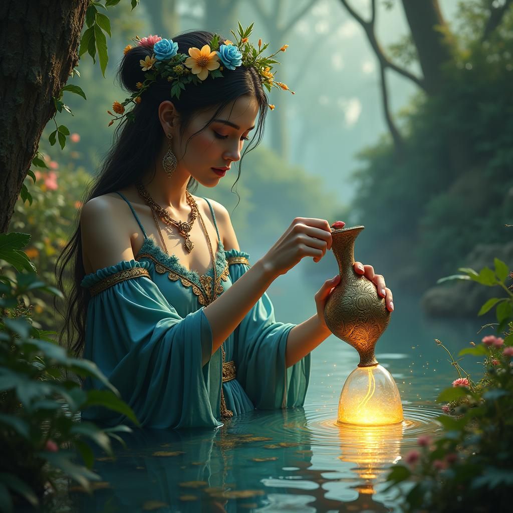 Elegant Woman in Mystical Forest, Fantasy Art