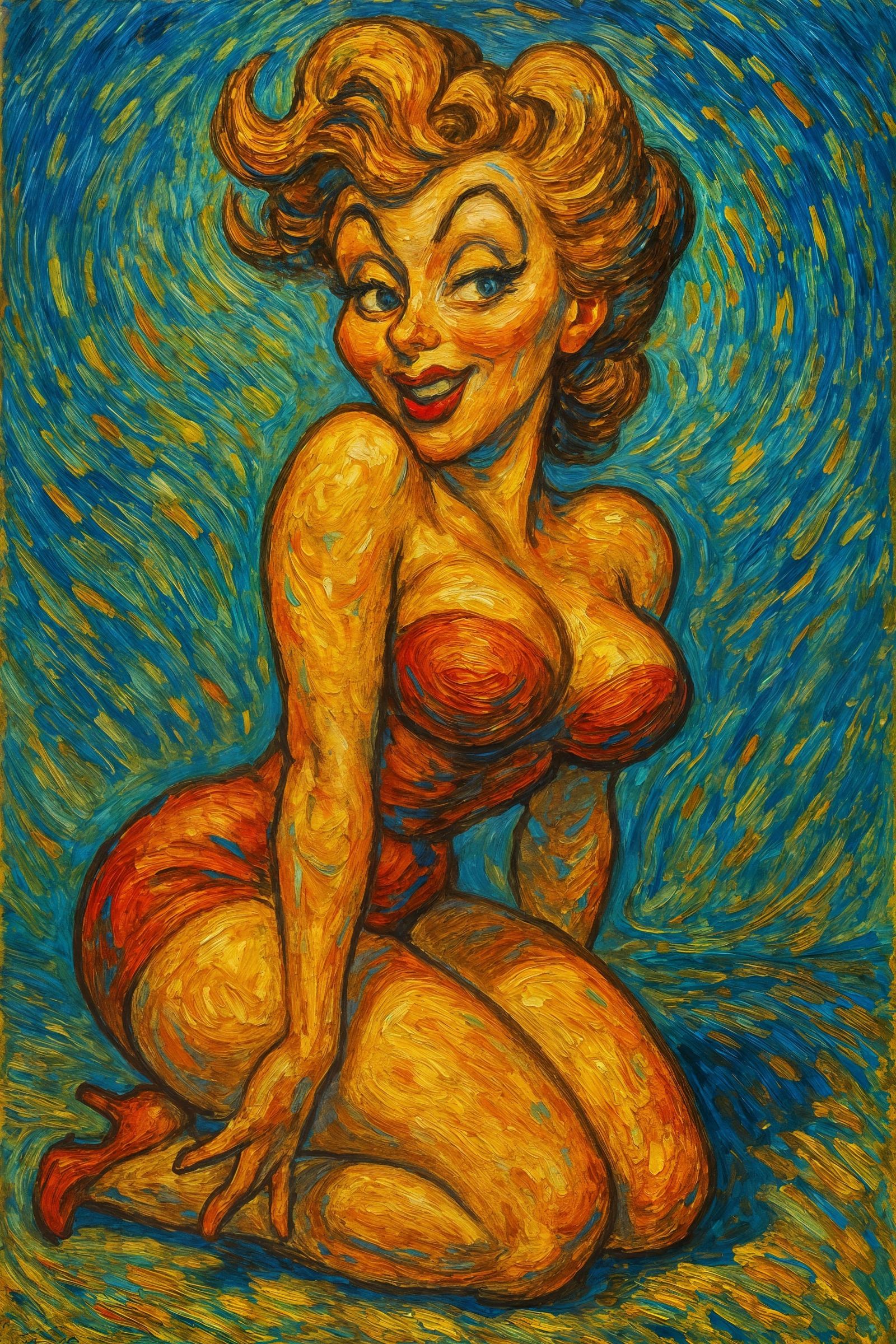 Stylized Pin-Up Woman in Post-Impressionist Digital Painting