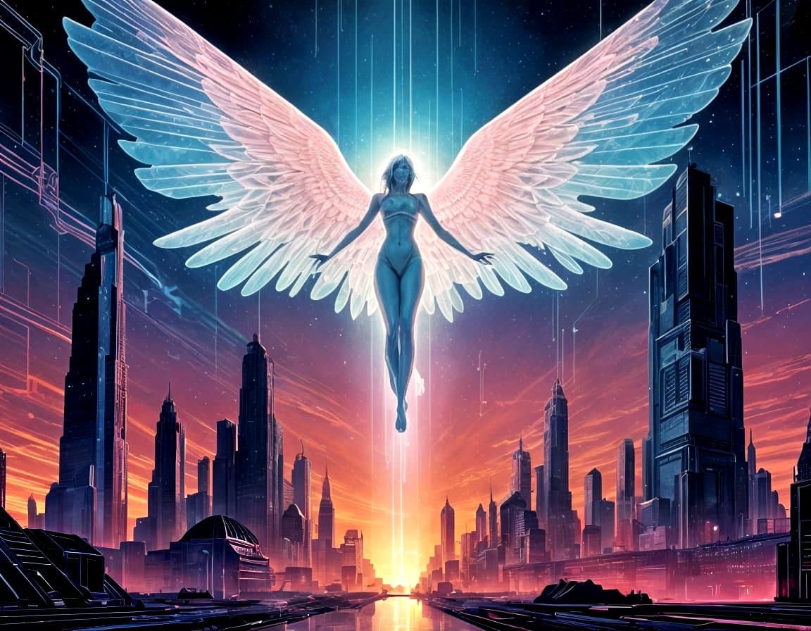 Angel Descends on Digital City in Cyberpunk Anime Style