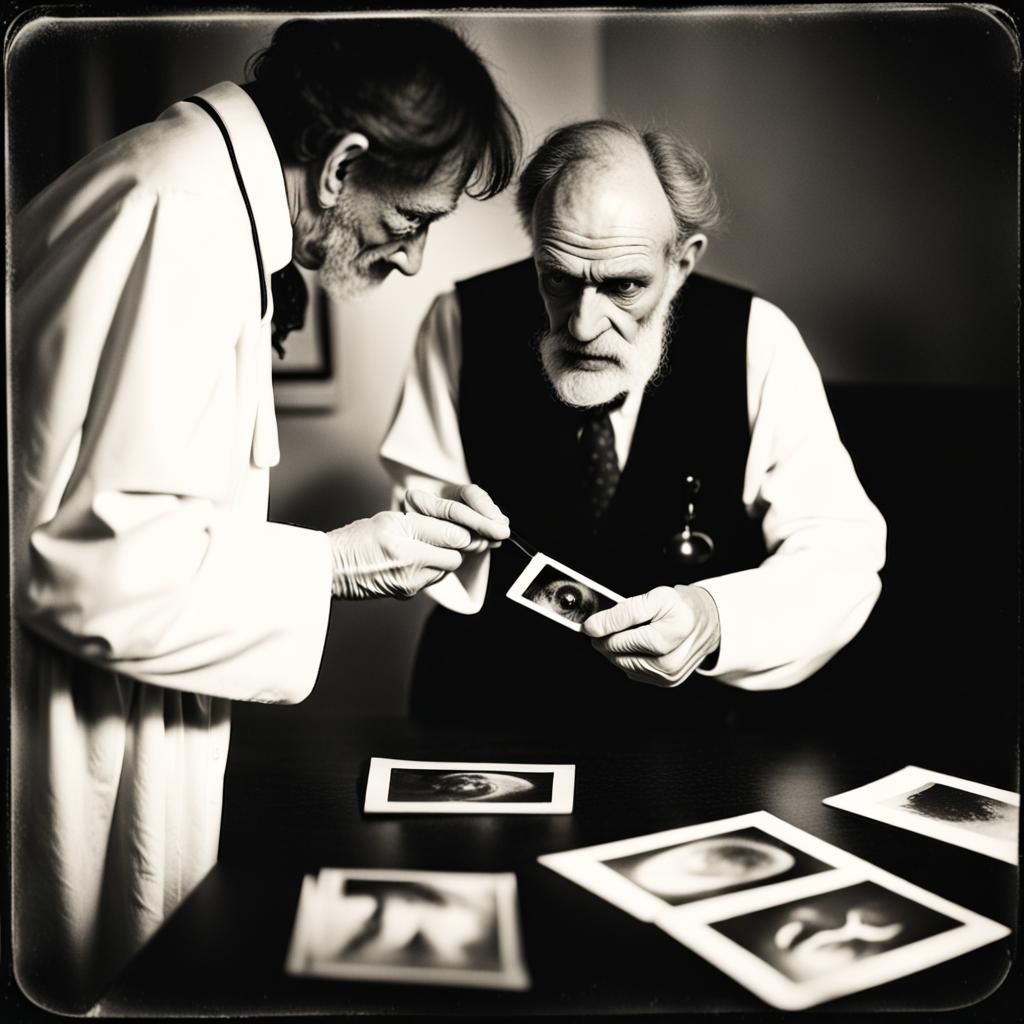 Doctor looking at classified pictures of old experiments