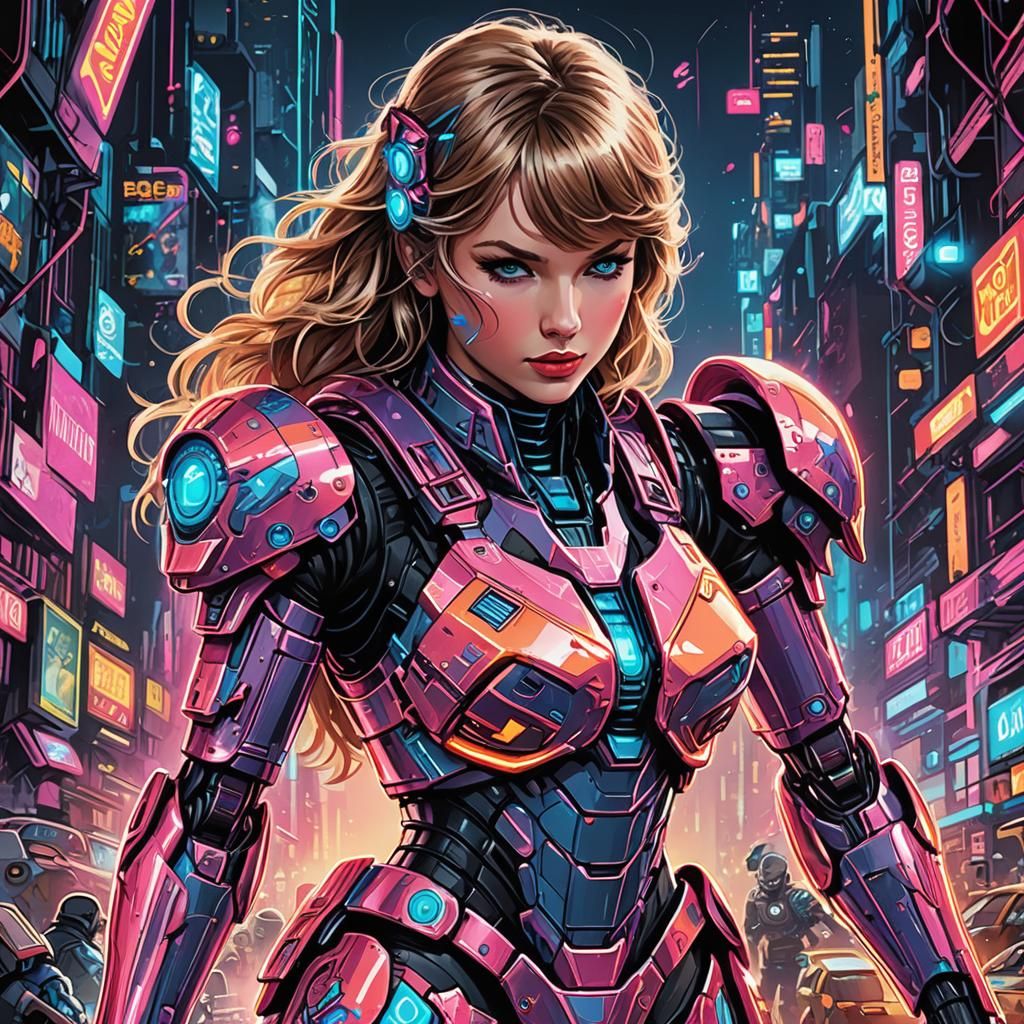 Taylor Swift in Neon Robot Armor Comic Art