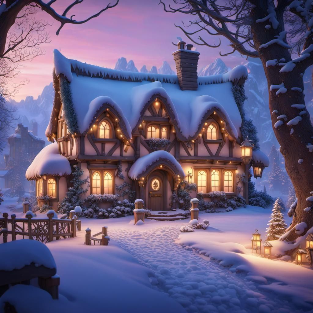Fairytale Cottage in Winter Wonderland, Detailed Matte Paint...