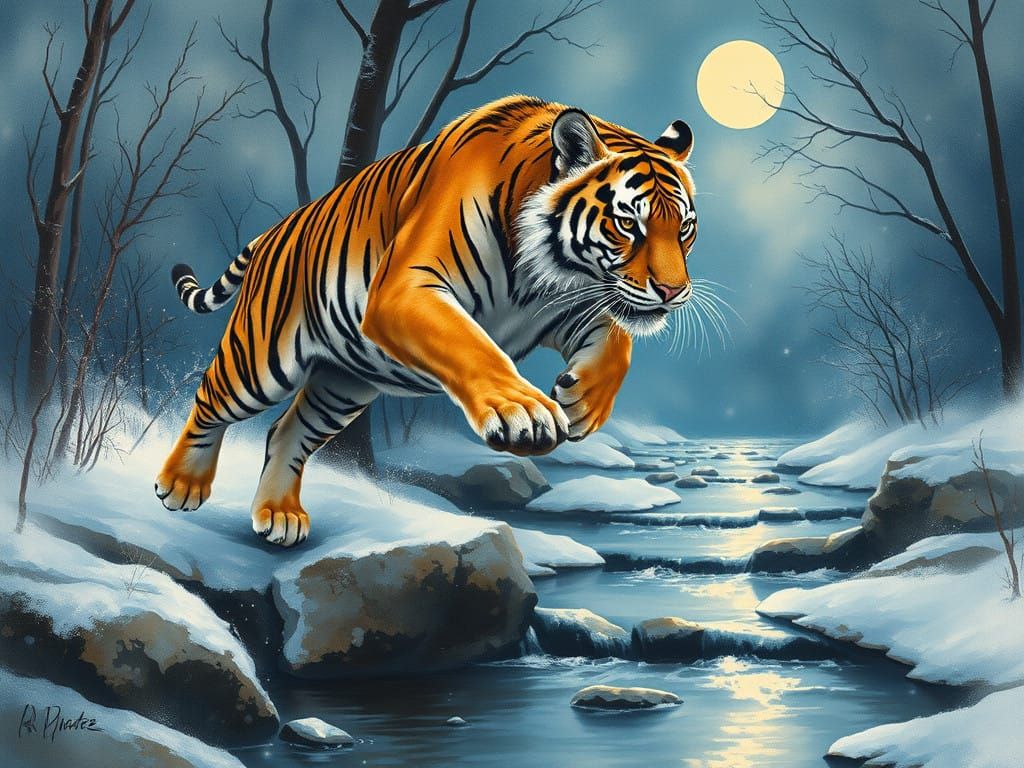 Epic Tiger Leaps into Moonlit Winter Wonderland