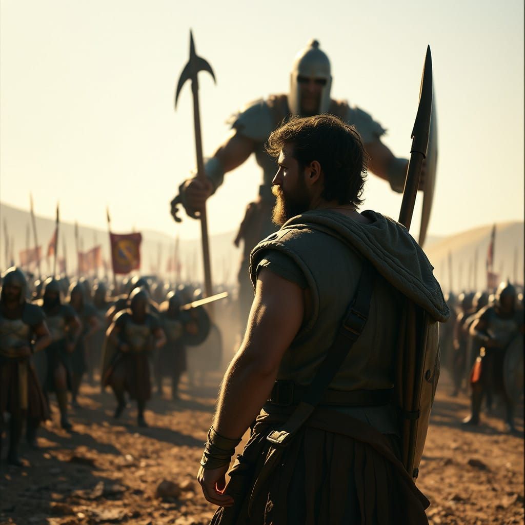 Epic Battle of David and Goliath in Cinematic Hyper-Realism