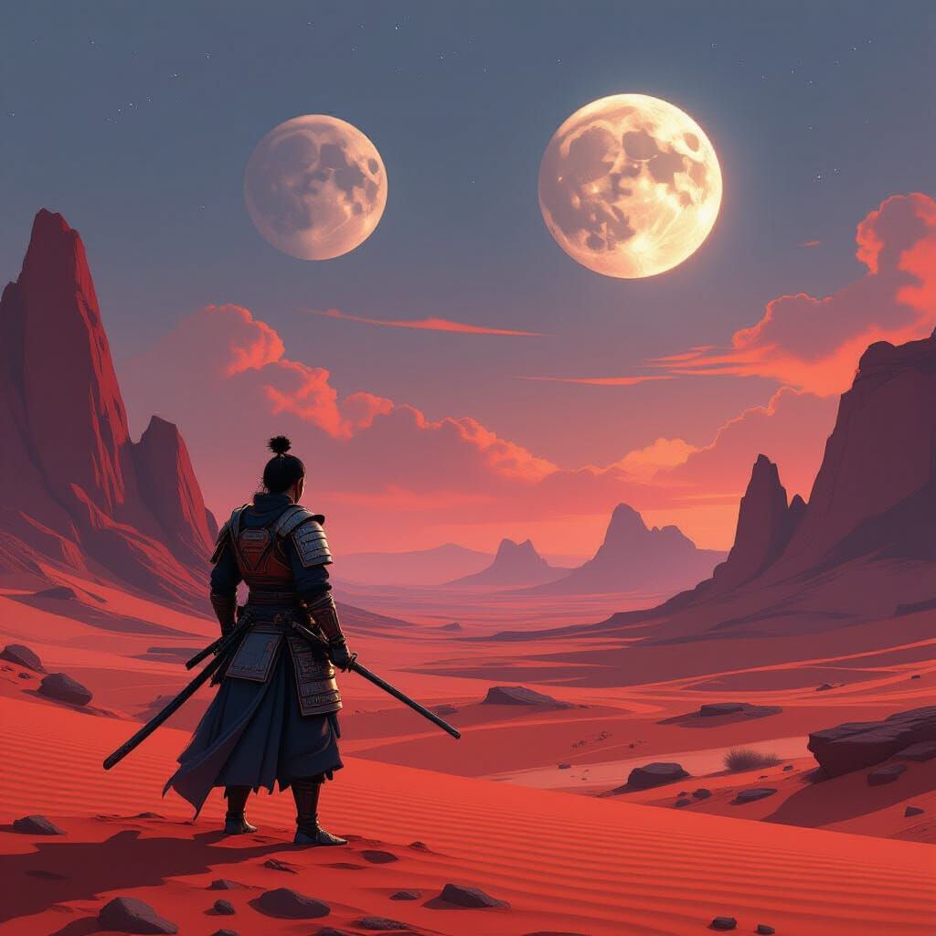 Samurai on Alien Planet Gazes at Twin Moons