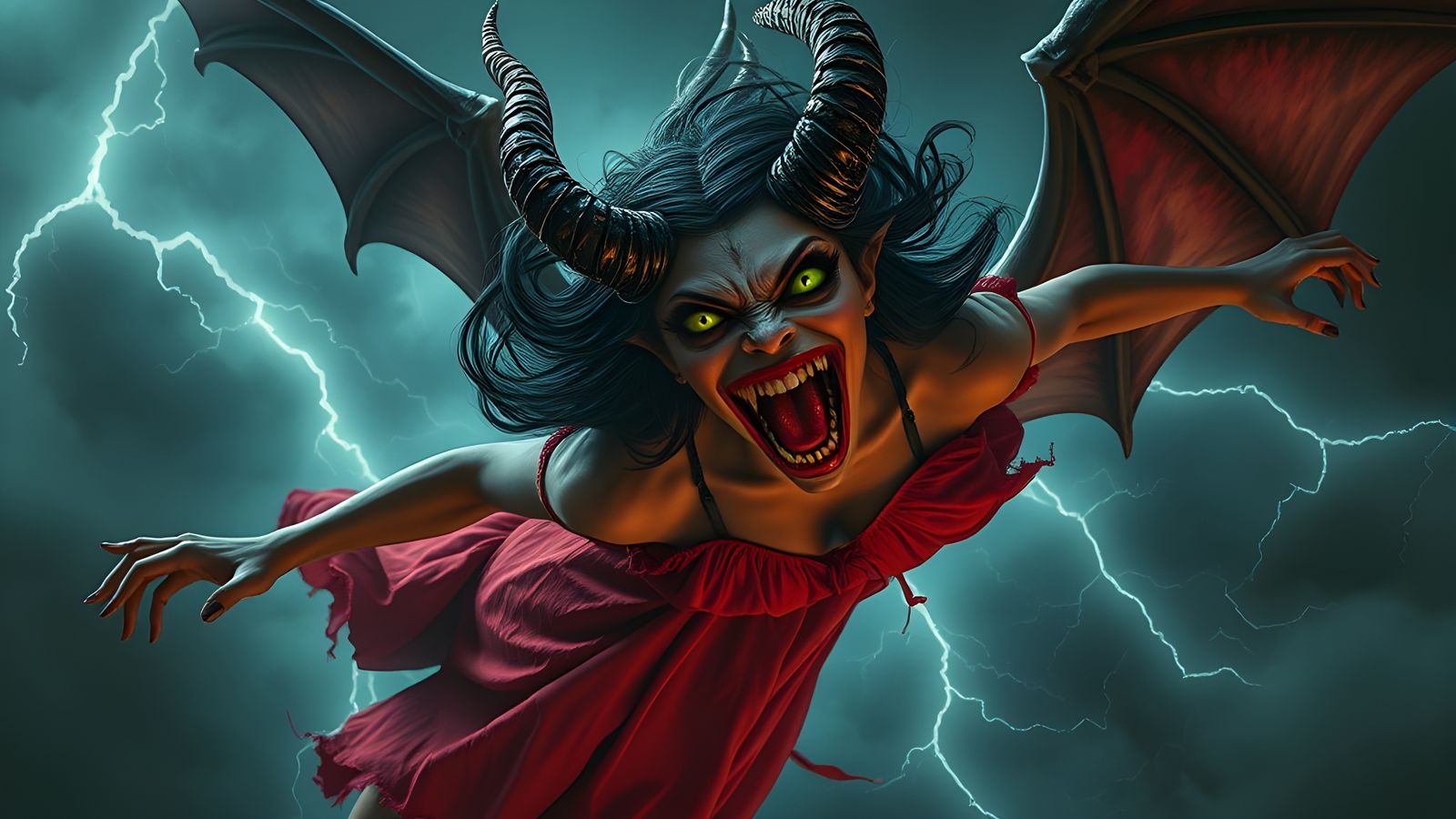 Giant Demon Girl in Thunderstorm, Cinematic Film Still