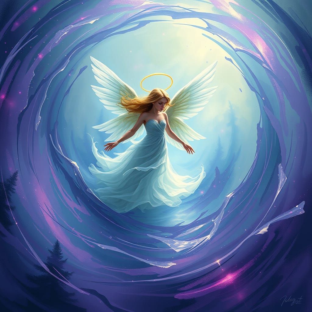 Angel in Ethereal Water Vortex, Glowing with Mystical Aura
