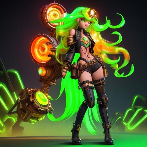 Steampunk Girl with Green Hair and Fireballs