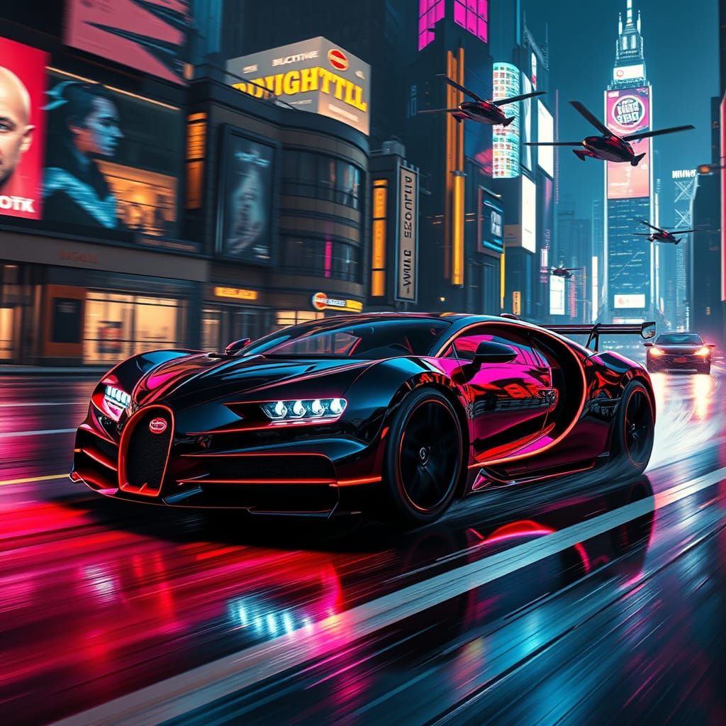 Cyberpunk Bugatti Speeds Through Neon City