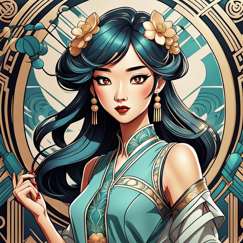 Cartoon Girl with Anime, Art Deco, Art Nouveau Fusion