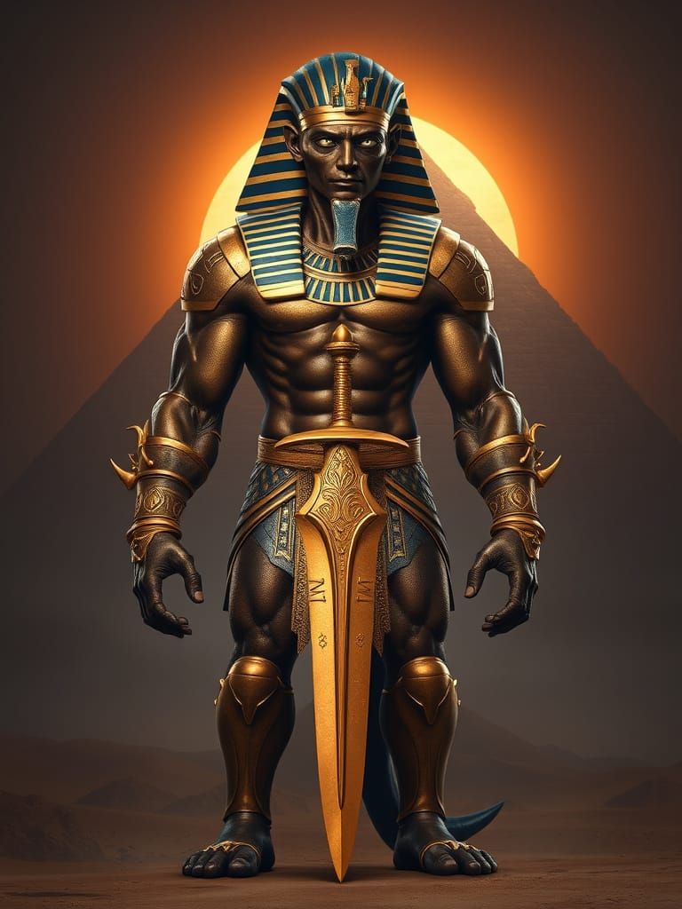 Egyptian Bipedal Warrior Stands Tall in Golden Armor