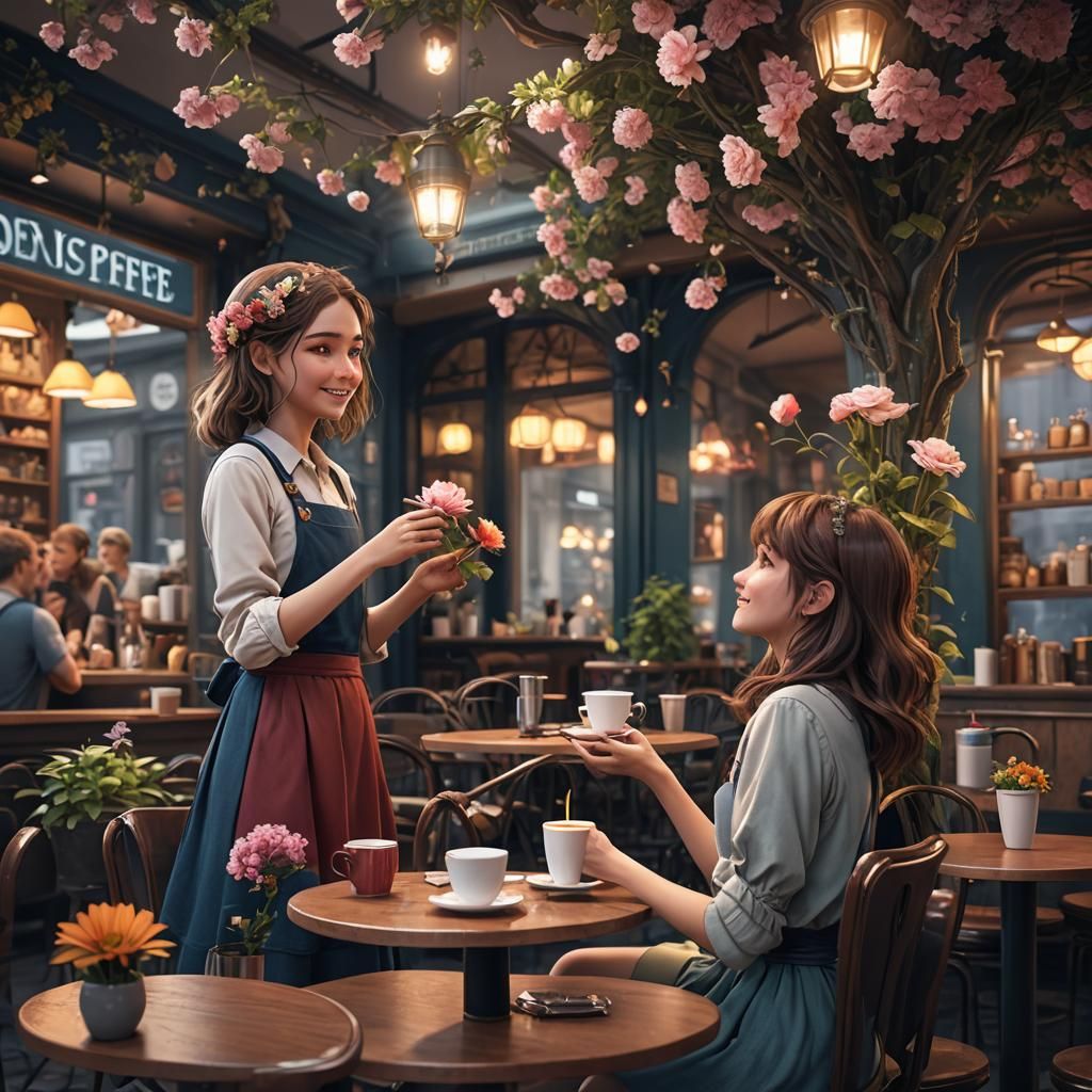 Boy Gives Flower to Girl in Cafe: Matte Painting