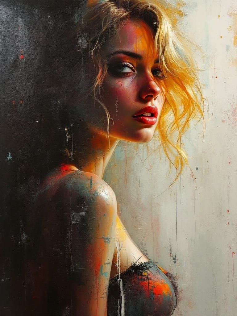 Pin-Up Woman Amidst Turbulent, Luminous Atmosphere