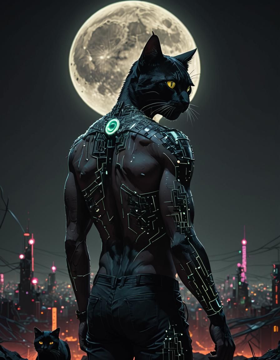 Ecopunk Man and Black Cat in Surrealist Digital Art