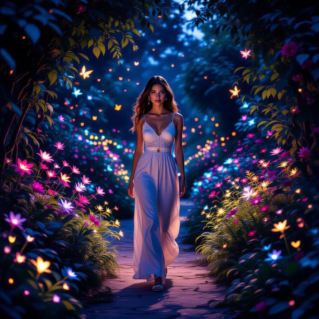 Attractive Woman in Glowing Magical Garden at Twilight