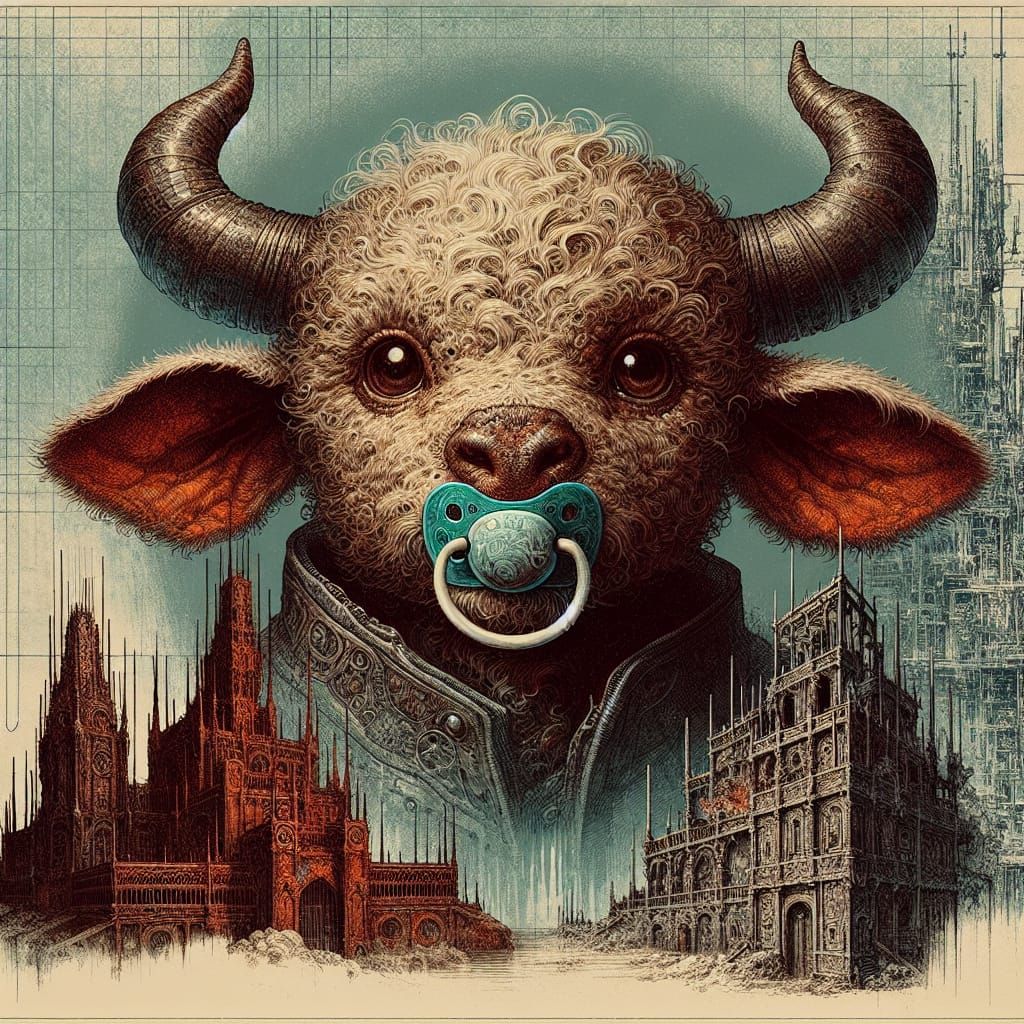 Baby Minotaur Portrait in Grimdark Biopunk Style