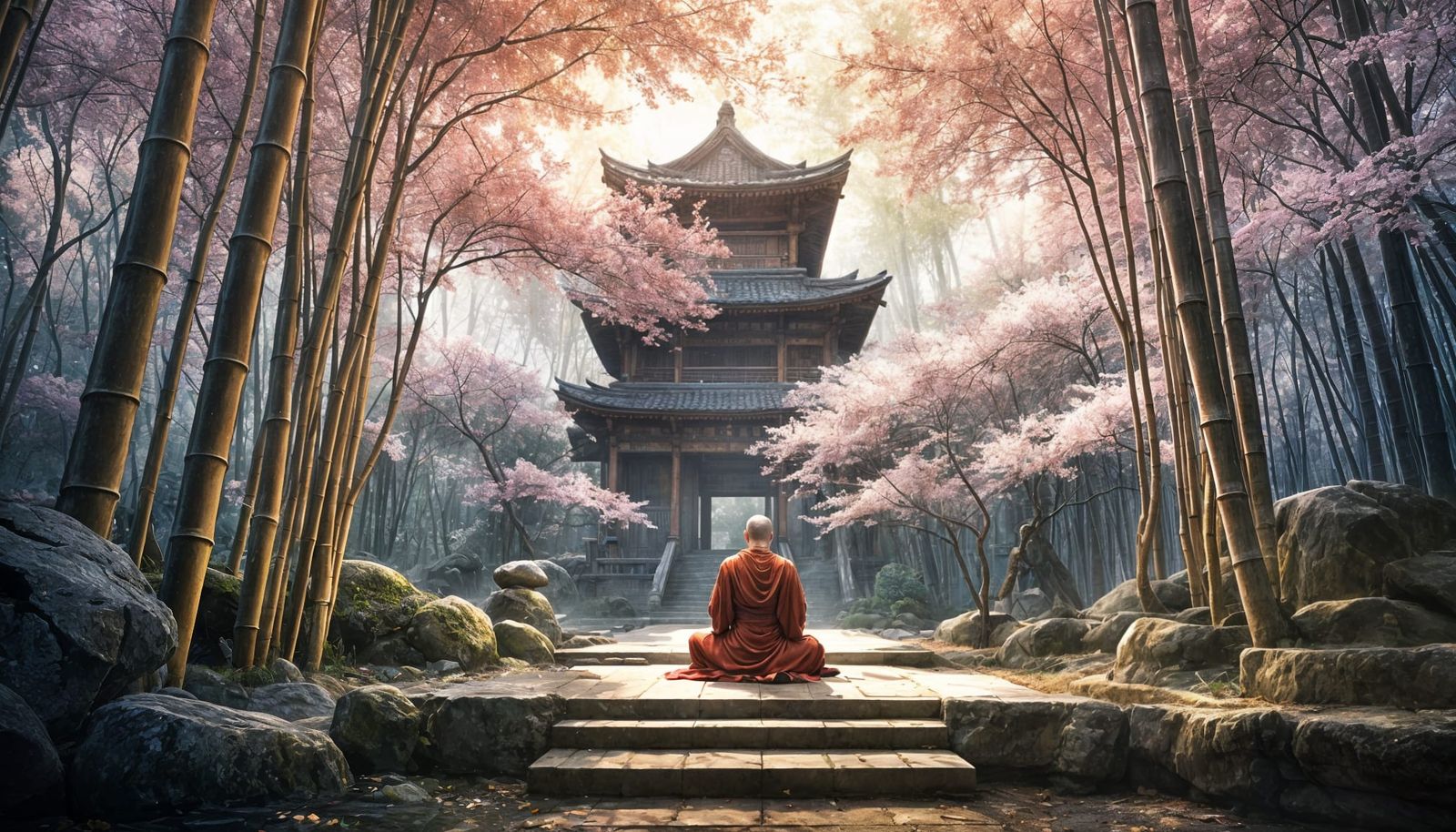 Zen Monk Meditating in Bamboo Forest, Art Nouveau Style