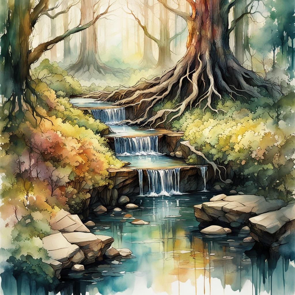 Luminous Roots: Digital Watercolor Brook Illustration