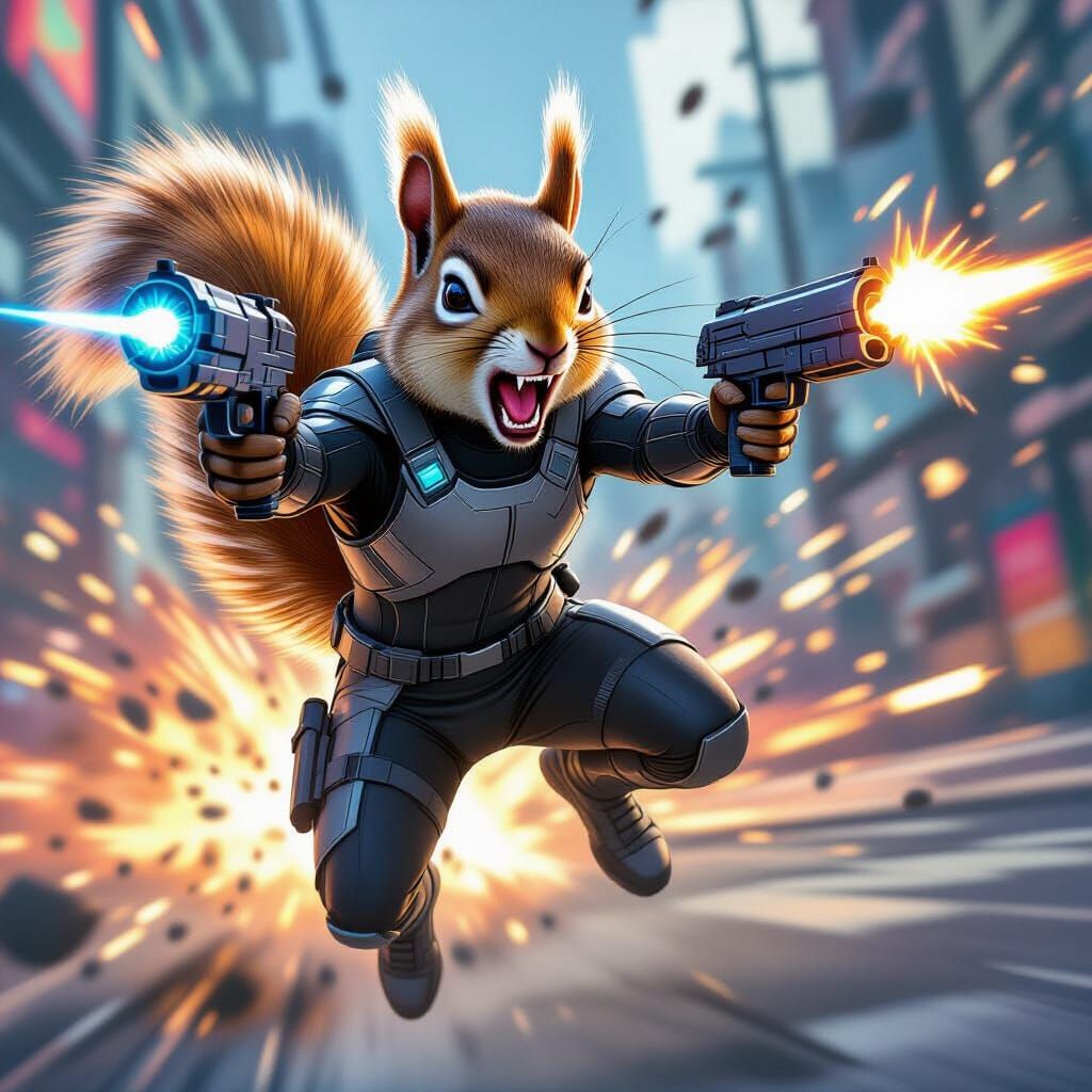 Futuristic Squirrel Warrior with Guns in Hyperrealistic Styl...