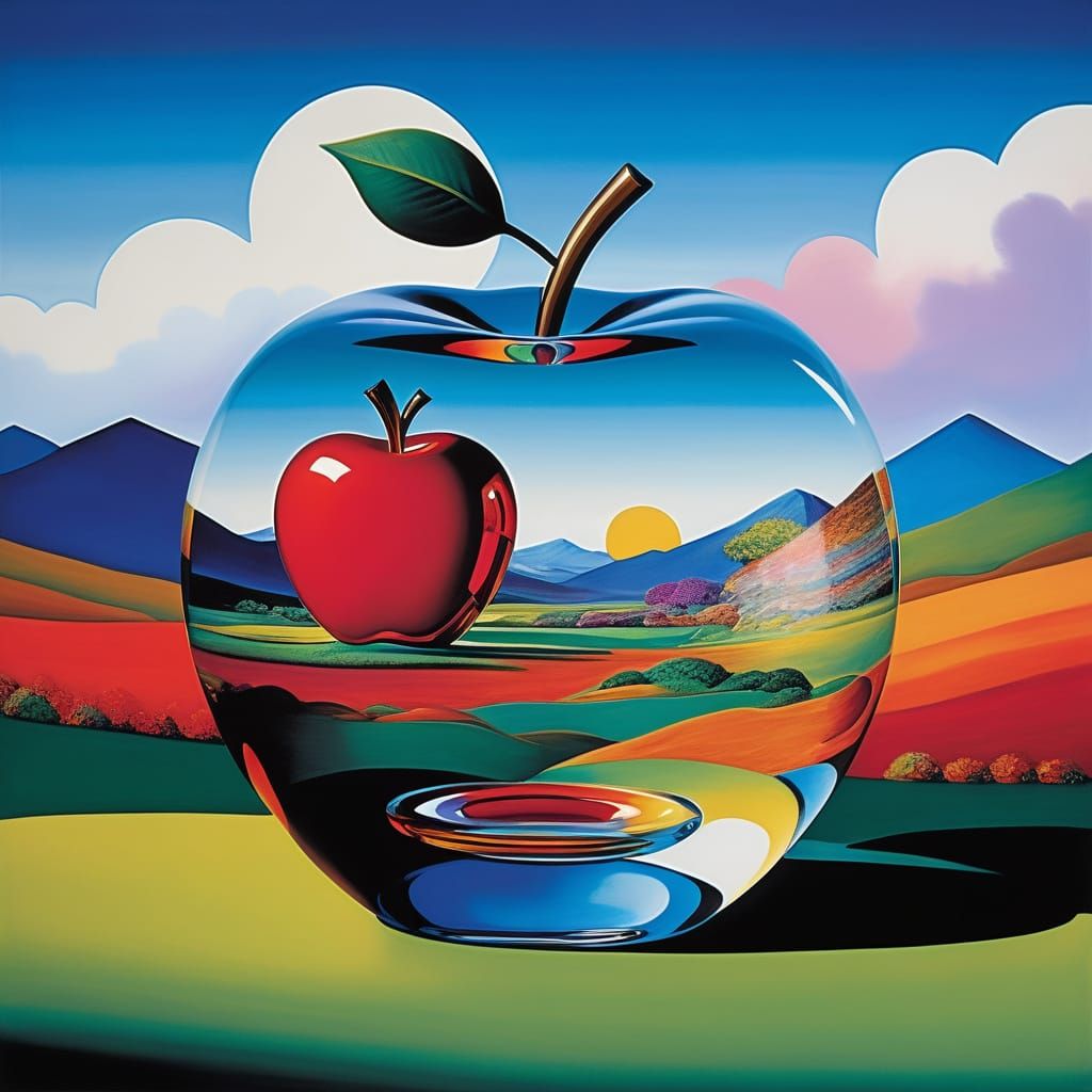 Whimsical Glass Apple in a Kaleidoscope Landscape