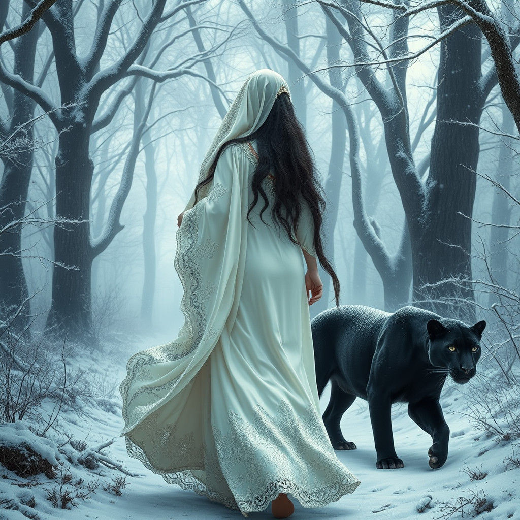 Ethereal Arabian Girl in Snowy Forest, Fantasy Art