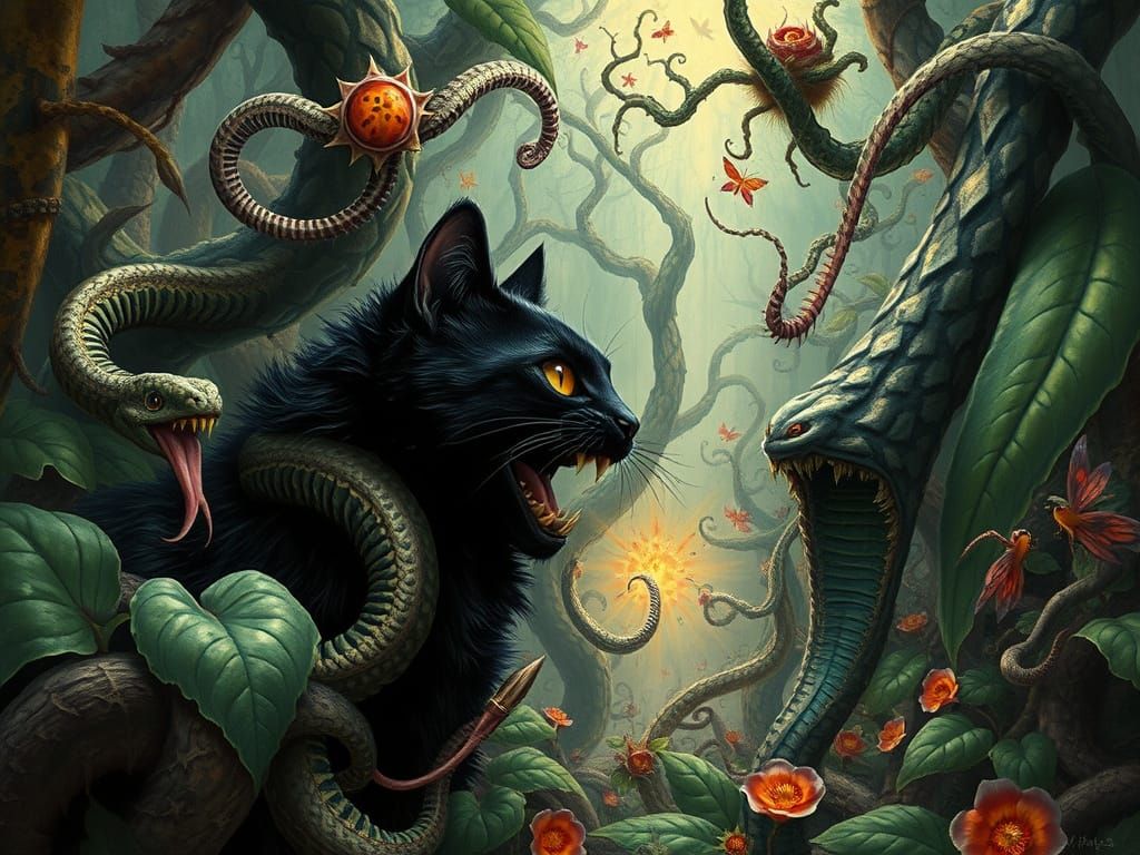 Hyperrealistic Fantasy Dreamscape with Brave Black Cat