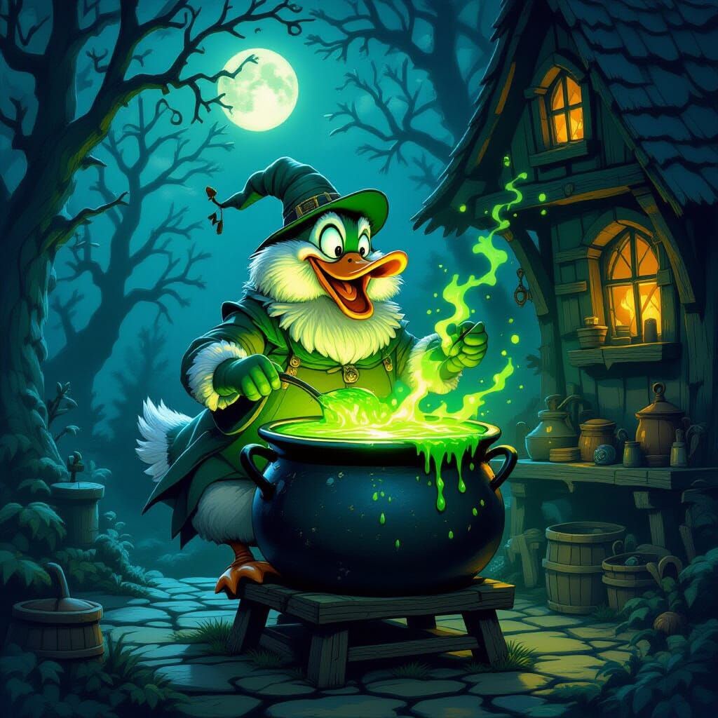 Whimsical Duck Ladles Brew in Gothic Storybook Cottage