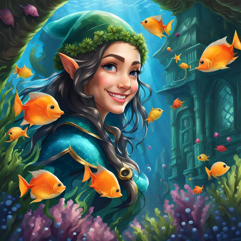 Beautiful Cyan Mer-Elf in Underwater Elven Village