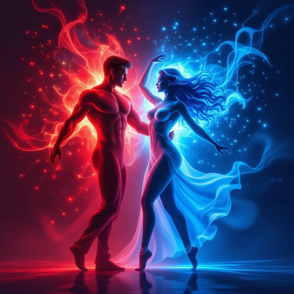 Abstract Dance of Red and Blue Figures