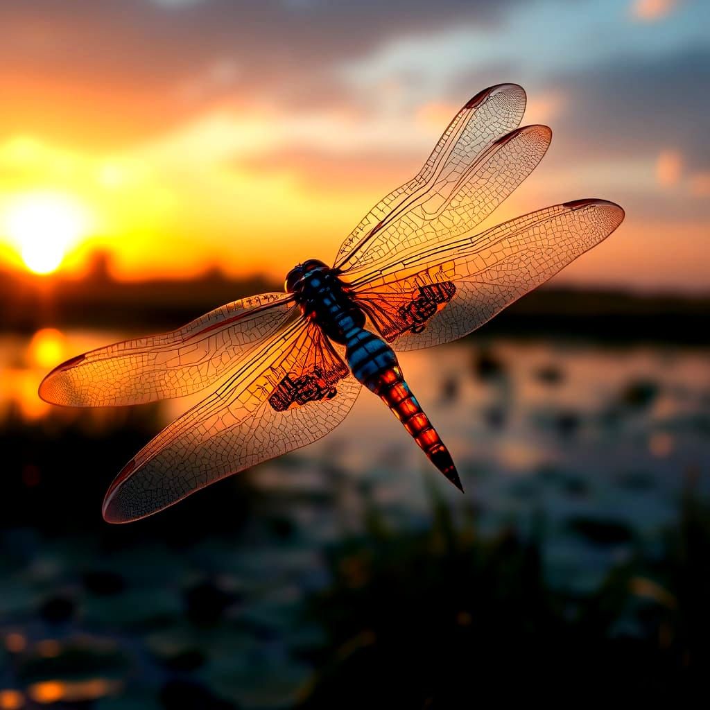 Transparent Electronic Dragonfly at Sunset