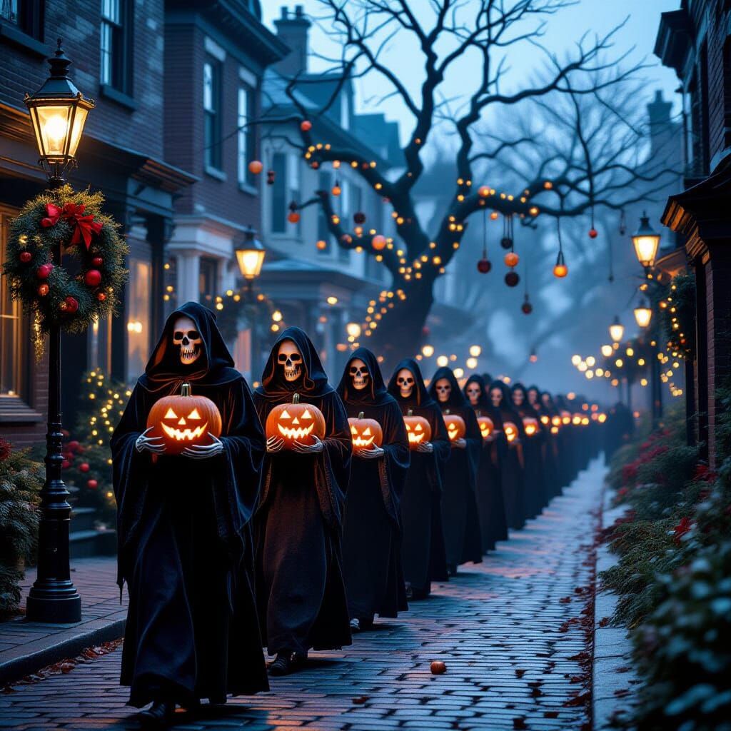 Skeletal Carolers on Victorian Street at Twilight