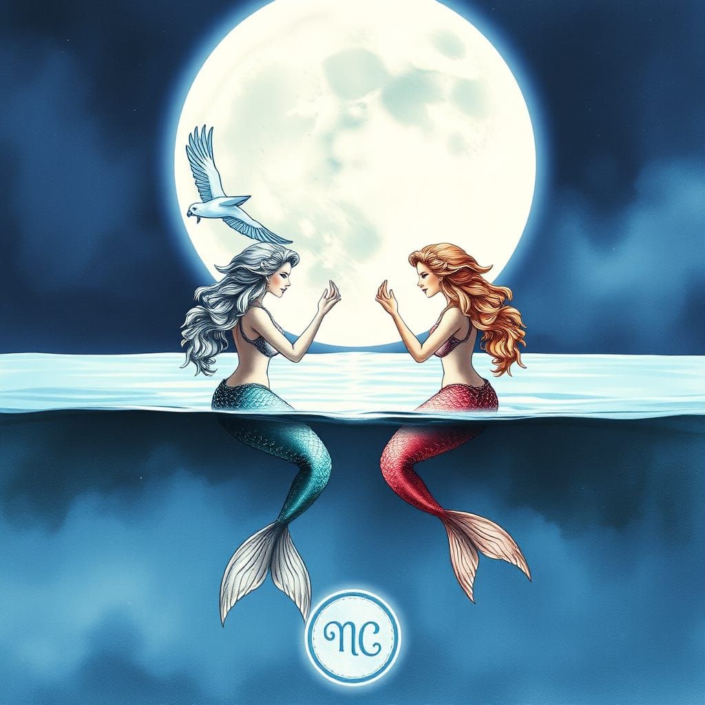 Surreal Mermaids Swim Under Full Moon in a Celestial Waterco...