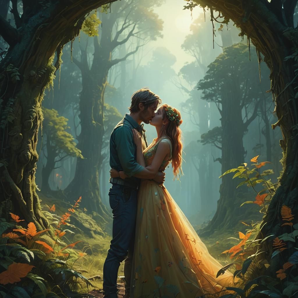 Mystical Forest Kiss: A Matte Painting in 8K