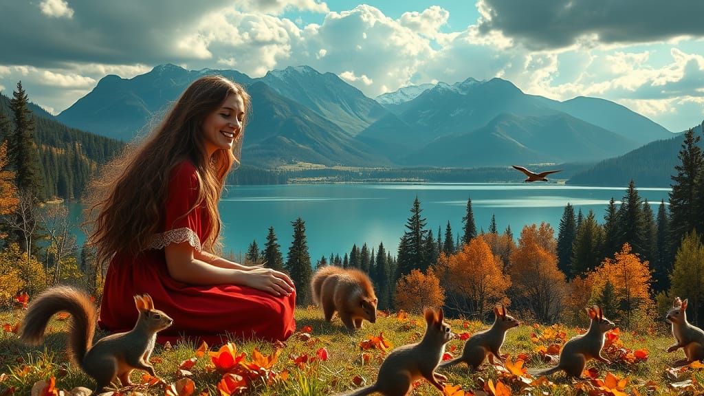 Surreal Autumn Landscape with Woman and Wildlife