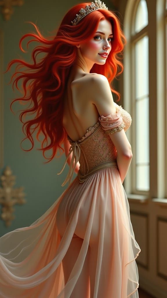 Sensuous Princess in Baroque Dress by Arched Window