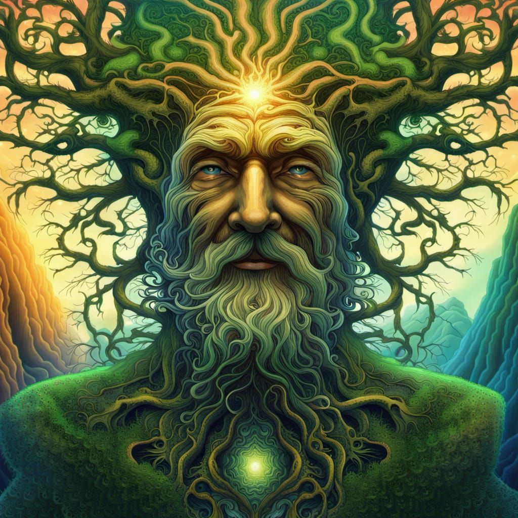 Tree Rooted Wise Man in Surreal Landscape