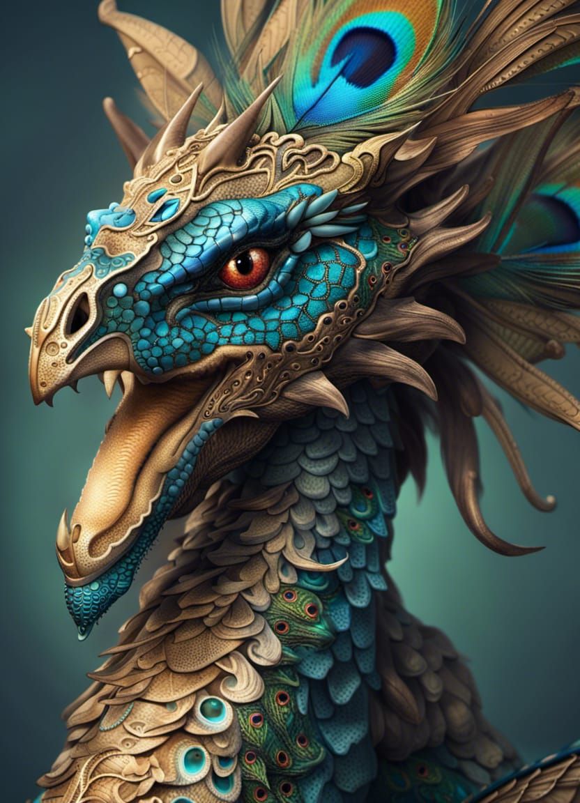 Ornate Peacock Dragon Portrait in Detailed Digital Art
