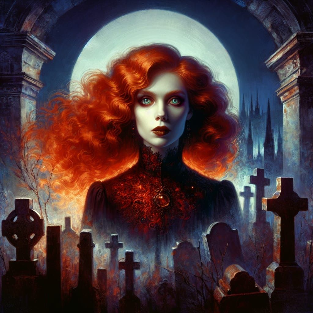 Red-haired vampire  woman with fiery, ginger undertones, sta...