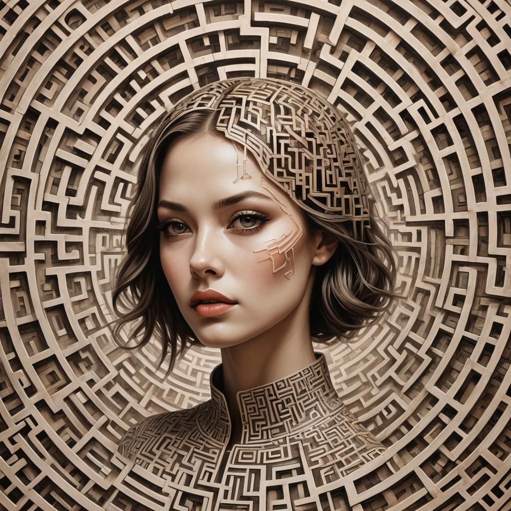 Hyperrealistic Maze Portrait in Sepia Tones