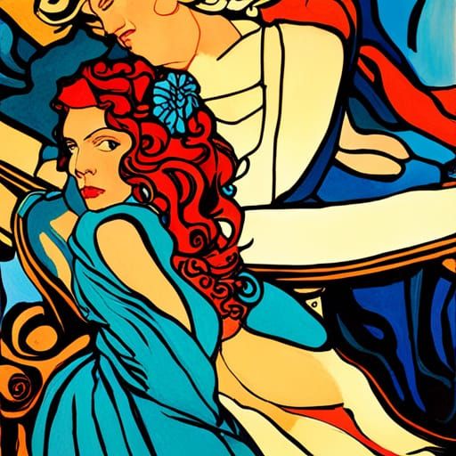 Gouache Painting in Art Nouveau and Post-Impressionist Style...