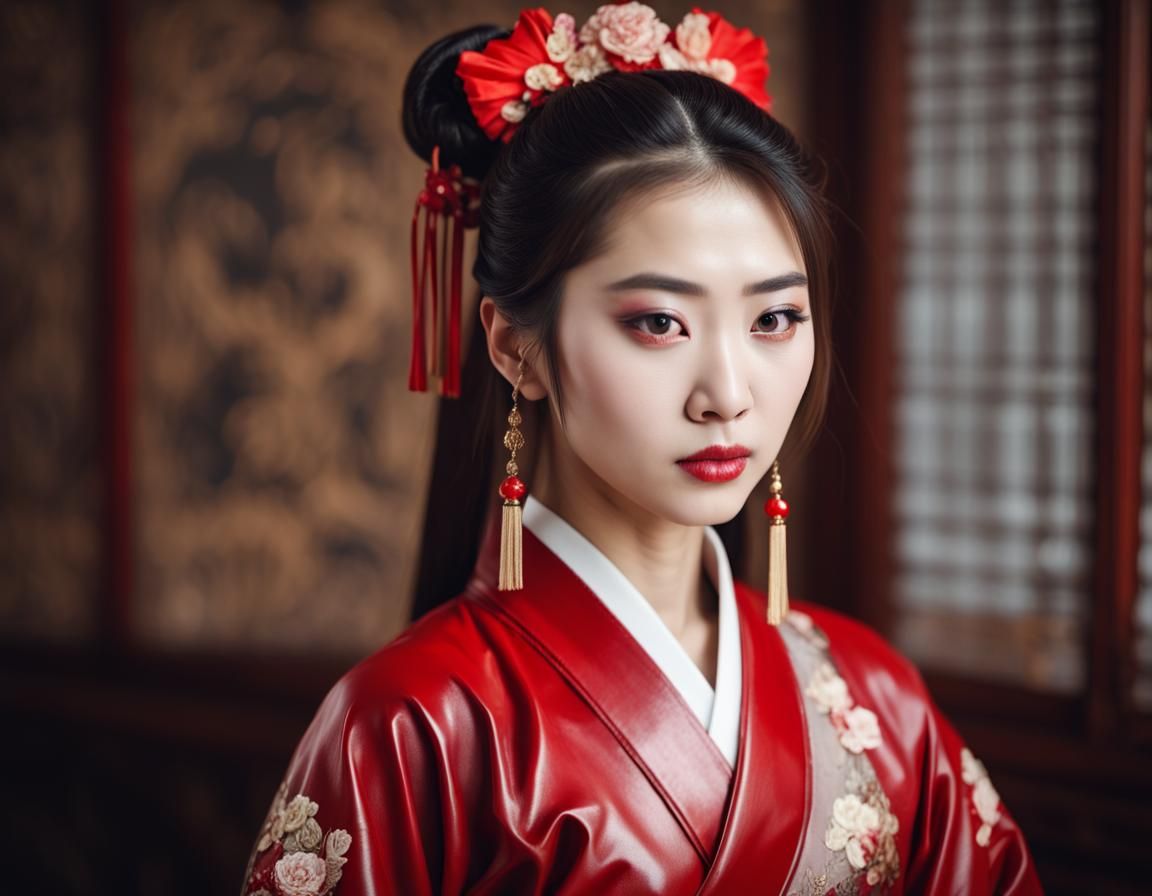 Beautiful Asian Woman in Red Leather Hanfu