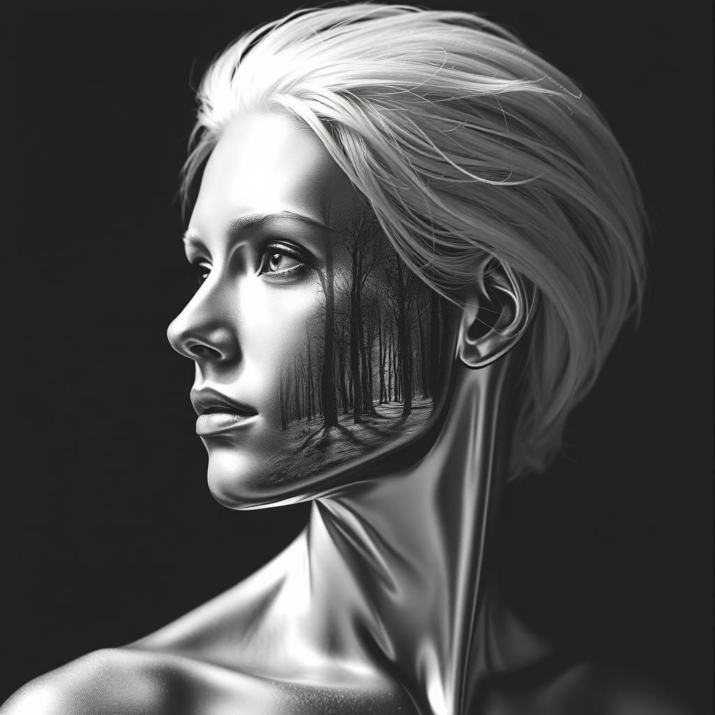 Surreal Metallic Portrait with Winter Forest